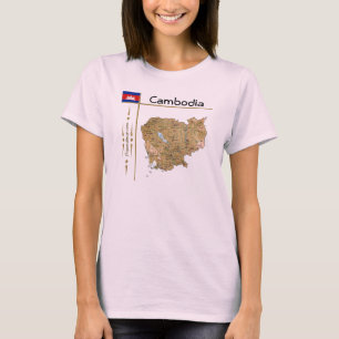 Kambodja Karta + Flagga + Avdelning T-Shirt