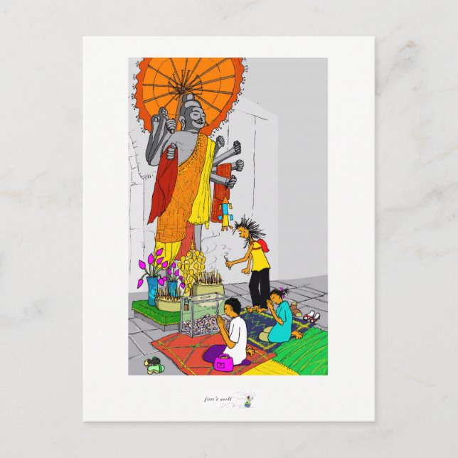 Kambodja med färgat vykort, buddistiskt tempel vykort (Framsida)