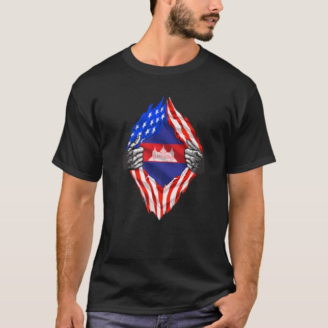 Kambodja Roots USA flagga Patriotic Kambodjanska H T Shirt (Framsida)