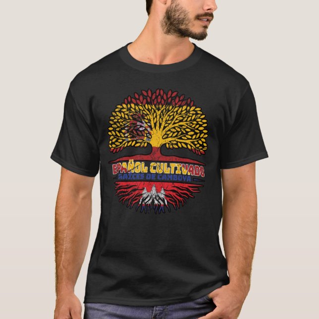 Kambodja, Spanien, Träd, Flagga T Shirt (Framsida)