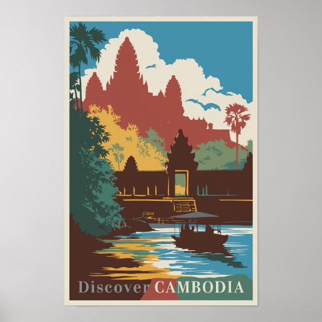 Kambodja tempel illustration resa konst vintage poster (Framsidan)