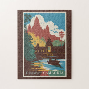 Kambodja Temple Illustration Travel Art Vintage Pussel