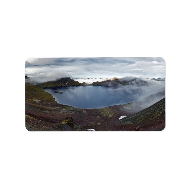 Kamchatka panorama-synen på vulkanens skarpare sjö adressetikett (Framsidan)