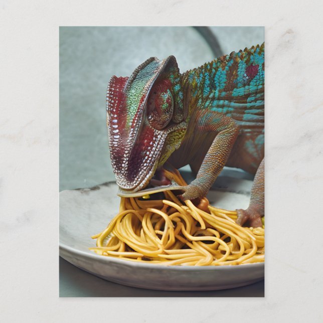 Kameleont äter Spaghetti Vykort (Framsida)