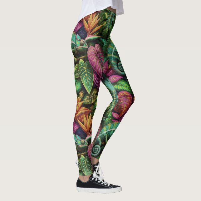 Kameleont Dschungeldrömmar Sömlös Ytmönster Leggings (Höger)