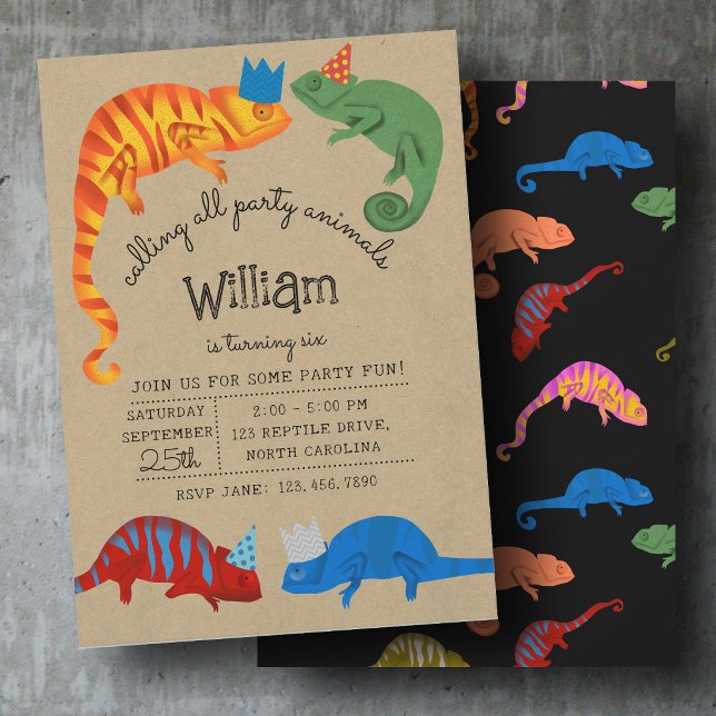 Kameleonter Färgrika Reptil Ödlor Barn Kalas  Inbjudningar (Chameleons Colorful Reptile Lizards Kids Birthday Invitation)