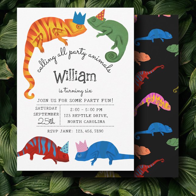 Kameleonter Färgrika Reptil Ödlor Barnkalas Inbjudningar (Chameleons Colorful Reptile Lizards Kids Birthday Invitation)