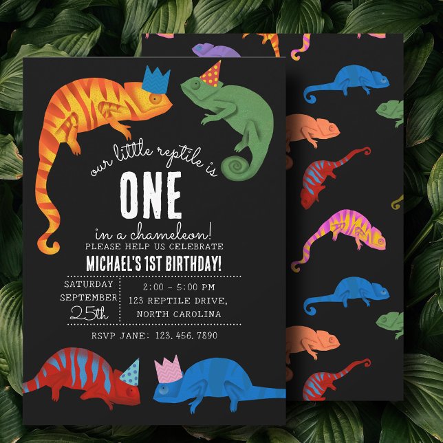 Kameleonter Kräldjur Ödlor Barn Första Födelsedag Inbjudningar (Chameleons Reptile Lizards Kids First Birthday Invitation)