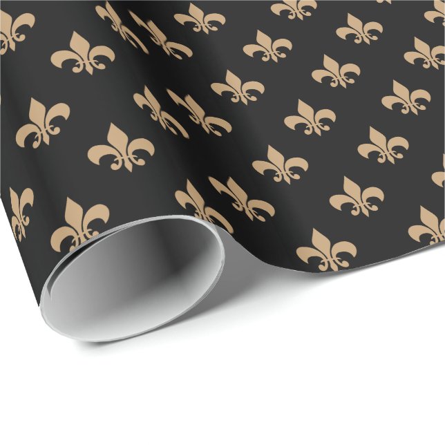 Kamelfärgad Fleur-de-lis på svart Presentpapper (Rullad Hörn)