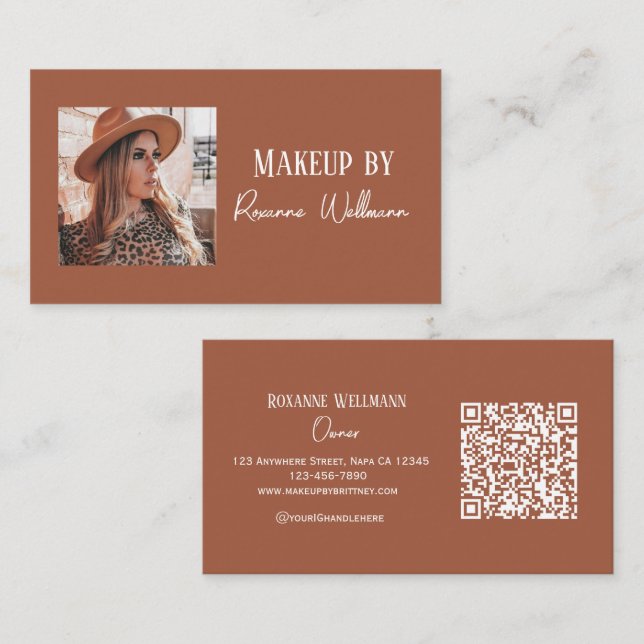 Kamelfärgad och vit scriptbar makeup QR-kod som ka Visitkort (Fram/baksida)