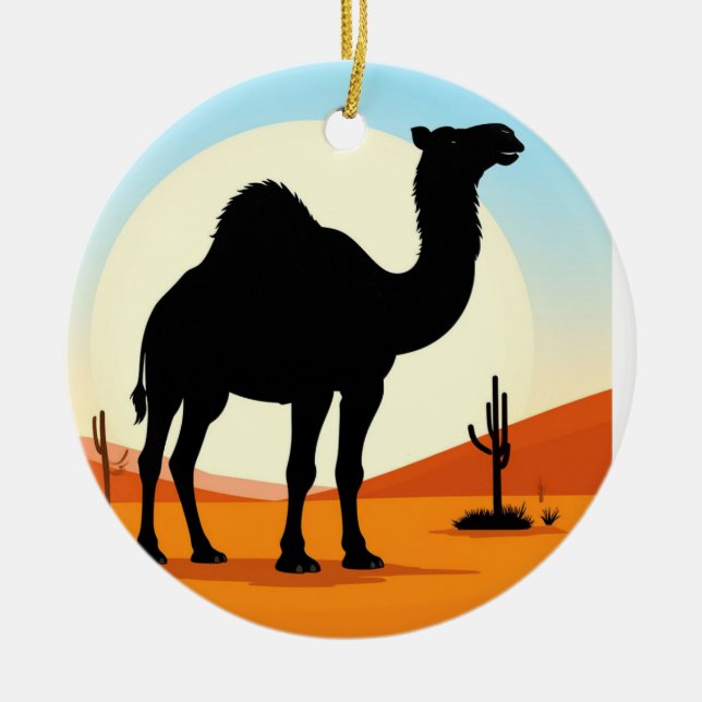 Kamelfigur mot ökenlandskap vid solnedgång julgransprydnad keramik (Framsidan)