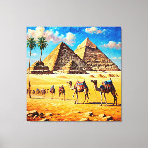 Kamelfölje som korsar egyptiska öknen Pyramider Canvastryck