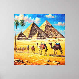 Kamelfölje som korsar egyptiska öknen Pyramider Canvastryck