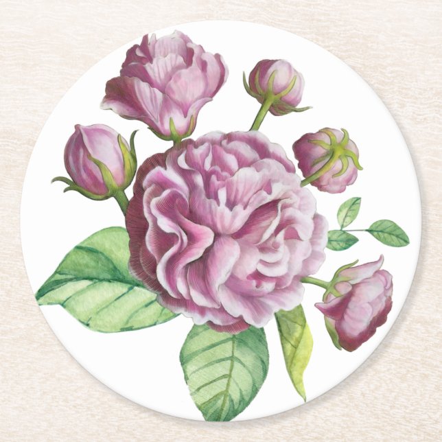 Kamelia Rosenträdgårdsblommor Underlägg Papper Rund (Framsidan)
