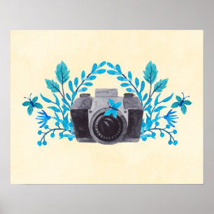 Kamera med Azure Blue Lövs och Butterflies Poster