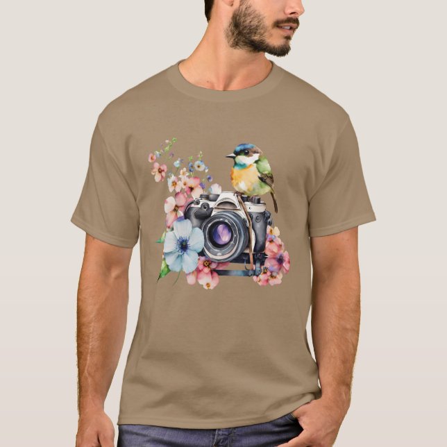 Kamera med Blommigtar med vattenfärg med fåglarvän T Shirt (Framsida)