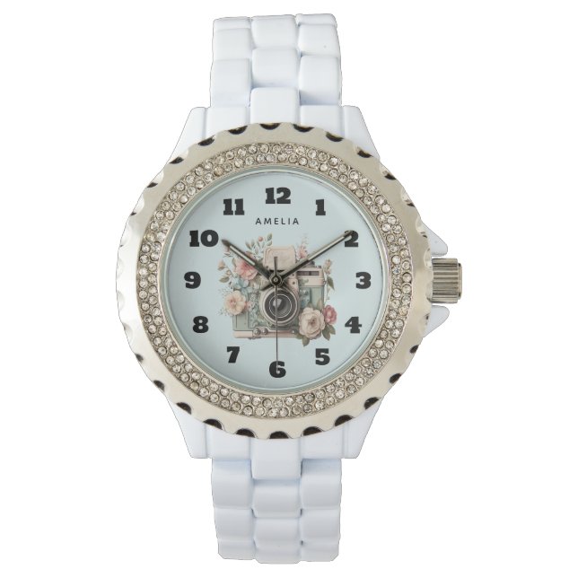 Kamera med blommor Retro Pastell Bild Armbandsur (Framsida)