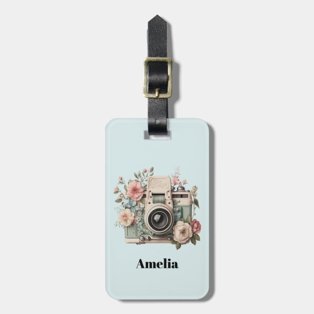 Kamera med blommor Retro Pastell Bild Bagagebricka (Vertikal Framsida)