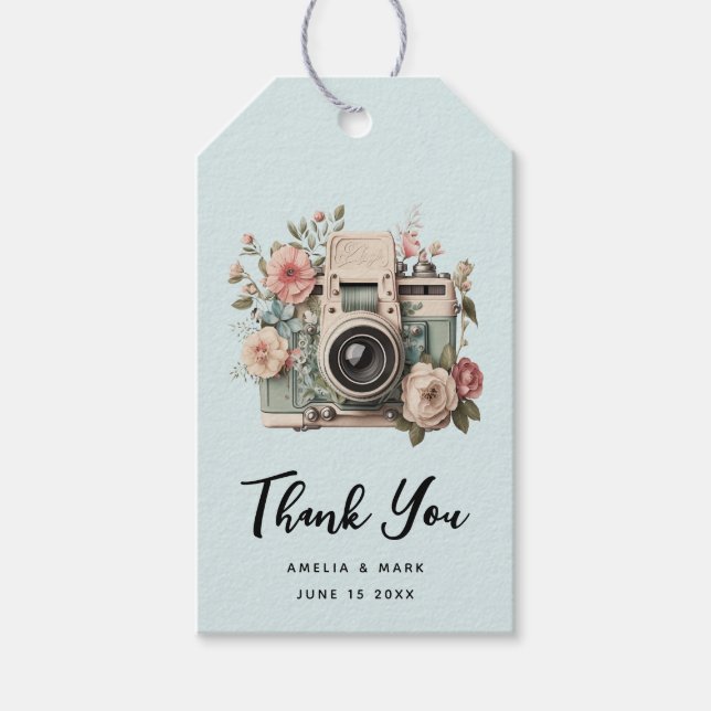 Kamera med blommor Retro Pastell Bild Bröllop Presentetikett (Framsidan)