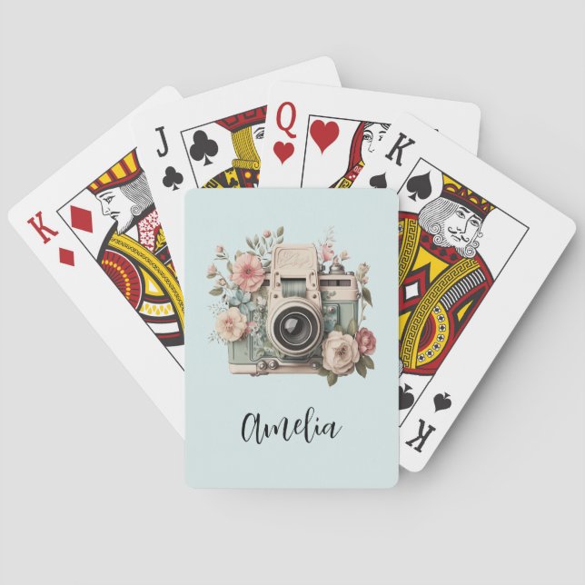 Kamera med blommor Retro Pastell Bild Casinokort (Baksidan)