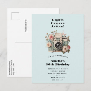 Kamera med blommor Retro Pastell Bild Födelsedag Inbjudan Vykort