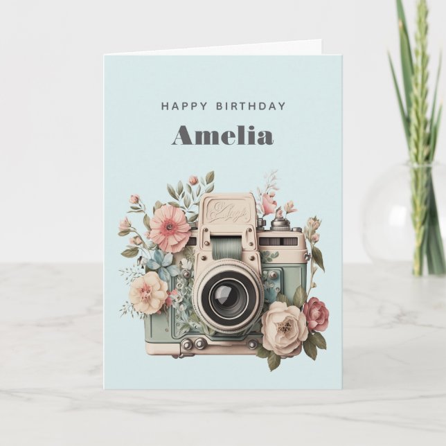 Kamera med blommor Retro Pastell Bild Födelsedag Kort (Framsida)
