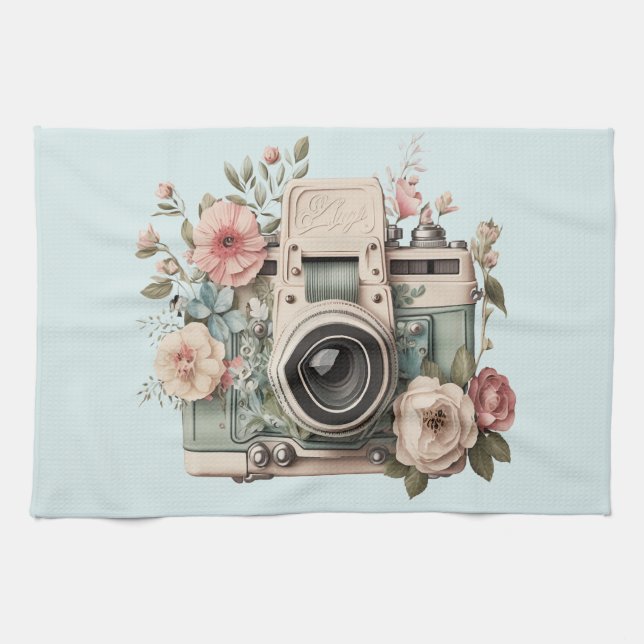 Kamera med blommor Retro Pastell Bild Kökshandduk (Horisontell)