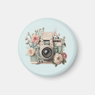 Kamera med blommor Retro Pastell Bild Magnet