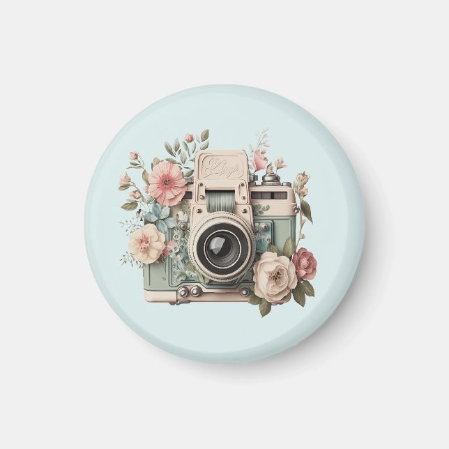 Kamera med blommor Retro Pastell Bild Magnet (Framsidan)