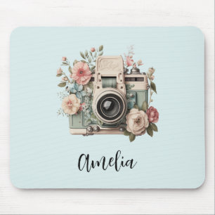 Kamera med blommor Retro Pastell Bild Musmatta
