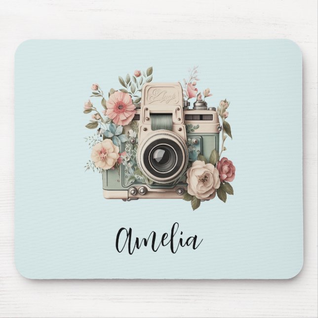 Kamera med blommor Retro Pastell Bild Musmatta (Framsidan)