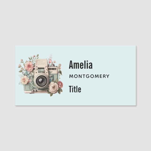 Kamera med blommor Retro Pastell Bild Namnbricka (Framsida)