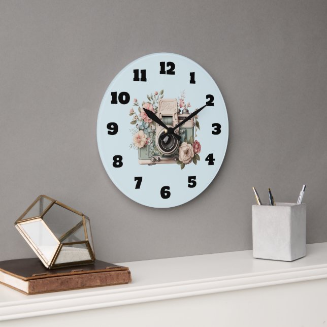 Kamera med blommor Retro Pastell Bild Stor Klocka (Kontor)