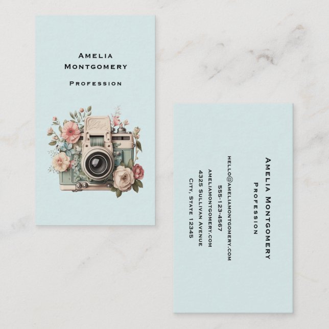 Kamera med blommor Retro Pastell Bild Visitkort (Fram/baksida)