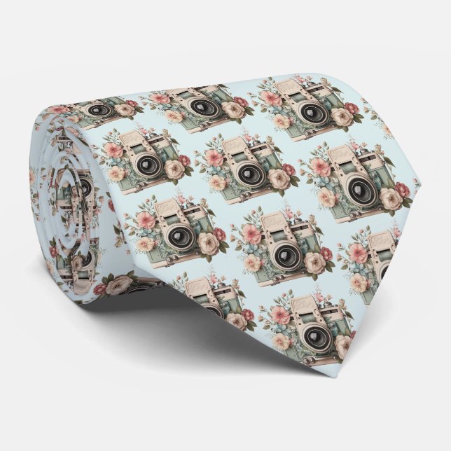 Kamera med blommor Retro Pastell Bildmönster Slips (Rullad)