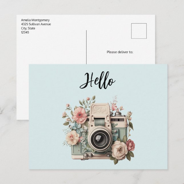 Kamera med blommor Retro Pastell Hej Vykort (Fram/baksida)