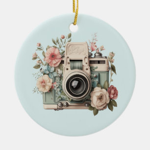 Kamera med blommor Retro Pastell Julgransprydnad Keramik