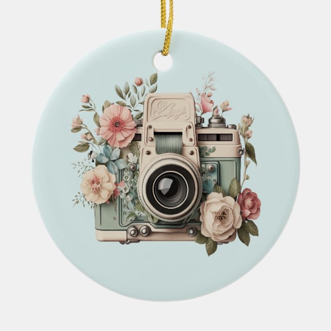 Kamera med blommor Retro Pastell Julgransprydnad Keramik (Framsidan)