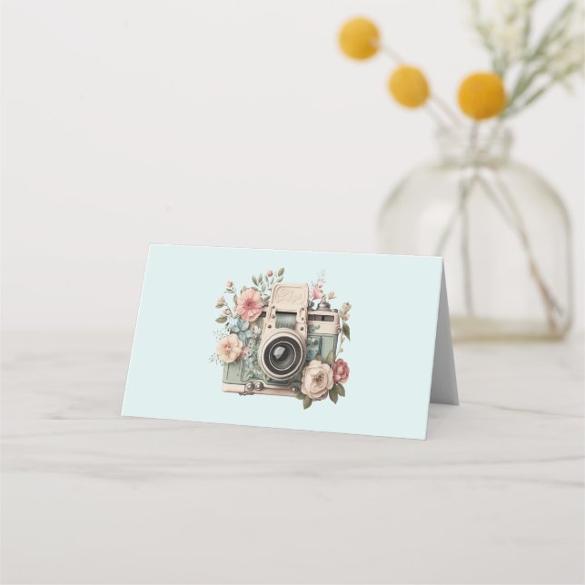 Kamera med blommor Retro Pastell Placeringskort (Framsida)