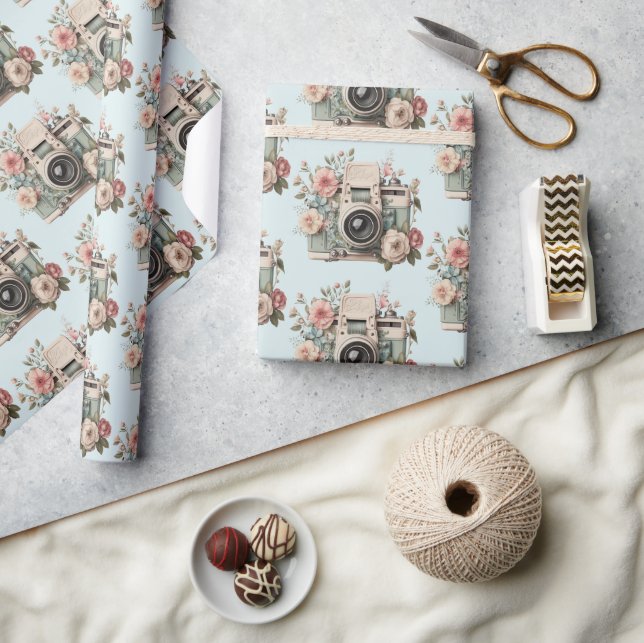 Kamera med blommor Retro Pastellmönster Presentpapper (Hantverk)