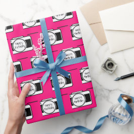 Kamera med födelsedagstext på Rosa Presentpapper