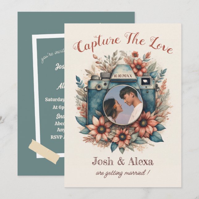 Kamera med inbjudan till blommigt bröllop (Fram/baksida)