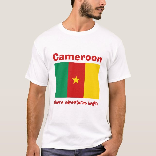 Kamerun Flagga + Karta + Text T-Shirt (Framsida)
