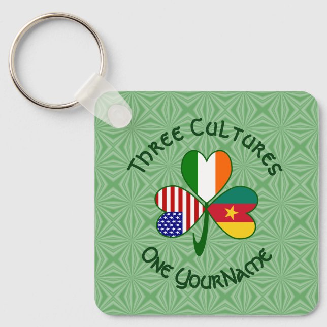 Kamerun Irländska USA Flaggor Shamrock Ditt Namn Nyckelring (Framsida)
