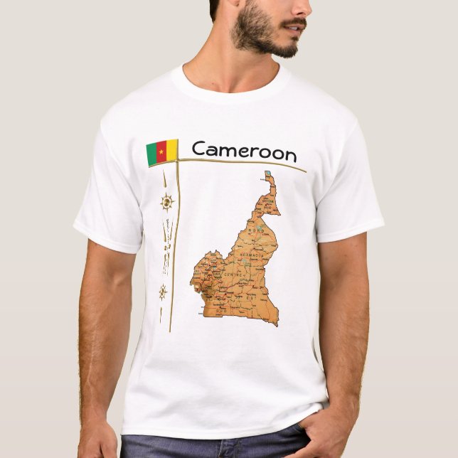 Kamerun Karta + Flagga + Rubrik T-Shirt (Framsida)