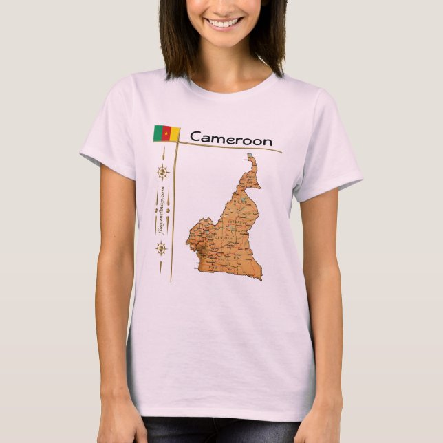 Kamerun Karta + Flagga + Titel T-Shirt (Framsida)