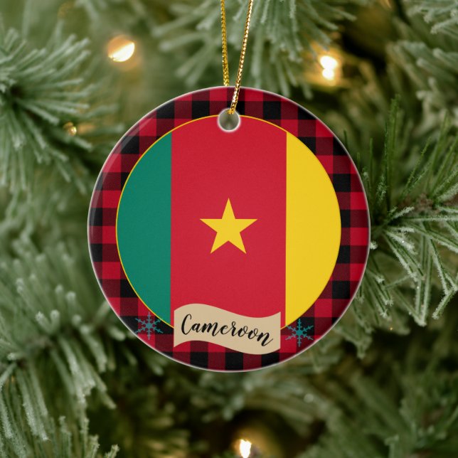 Kamerun, Red buffalo plaid och Kamerun Flagga Julgransprydnad Keramik (Träd)