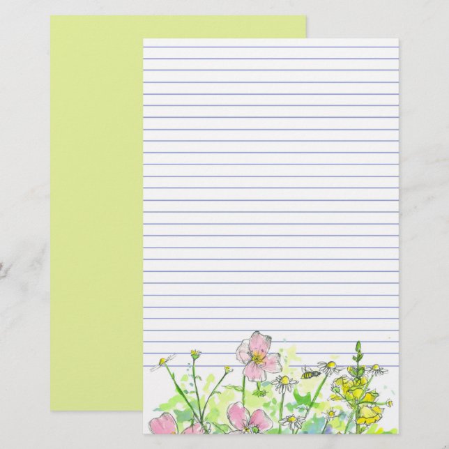 Kamille Näbbslöjor Vildblommor Honungsbi Linjerad Brevpapper (Fram/baksida)