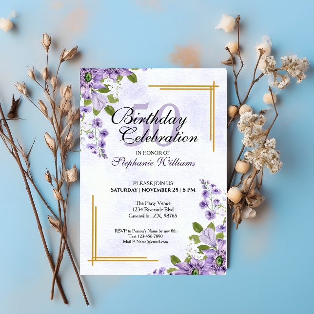 Kammal Elegant i Blommigt 50 Födelsedagsfester Inbjudningar (Skapare uppladdad)