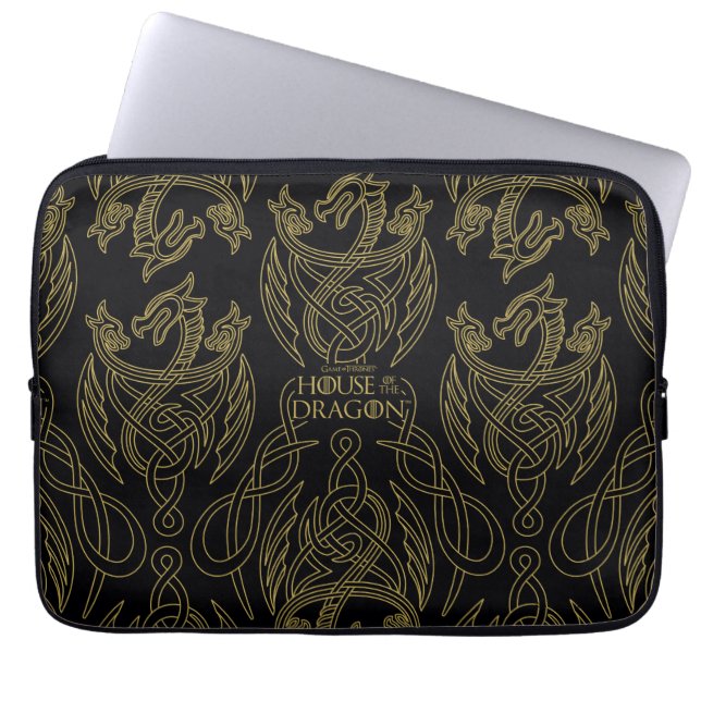 KAMMAREN FÖR DRAGONEN | Guld Filigree Dragon Mönst Laptop Fodral (Framsidan)